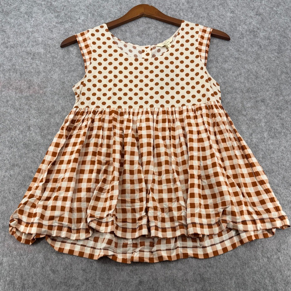 Matilda Jane Women Brown Polka Dot Gingham Mixed Print Babydoll Top Size M NWT